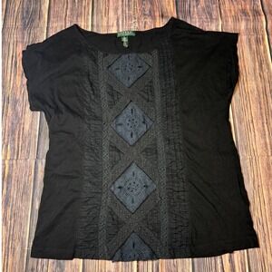 Lauren Ralph Lauren Top Womens PL Black Cotton Eyelet Embroidered Pintuck Blouse